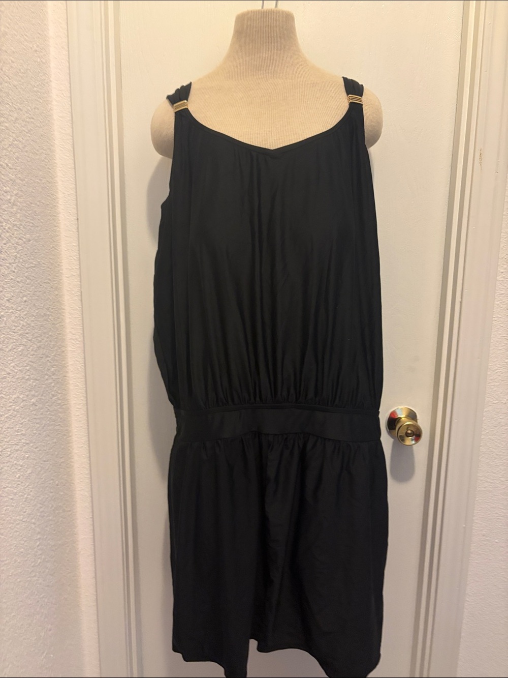 BloomChic Black One-Piece Swimdress with Gold Accent Straps